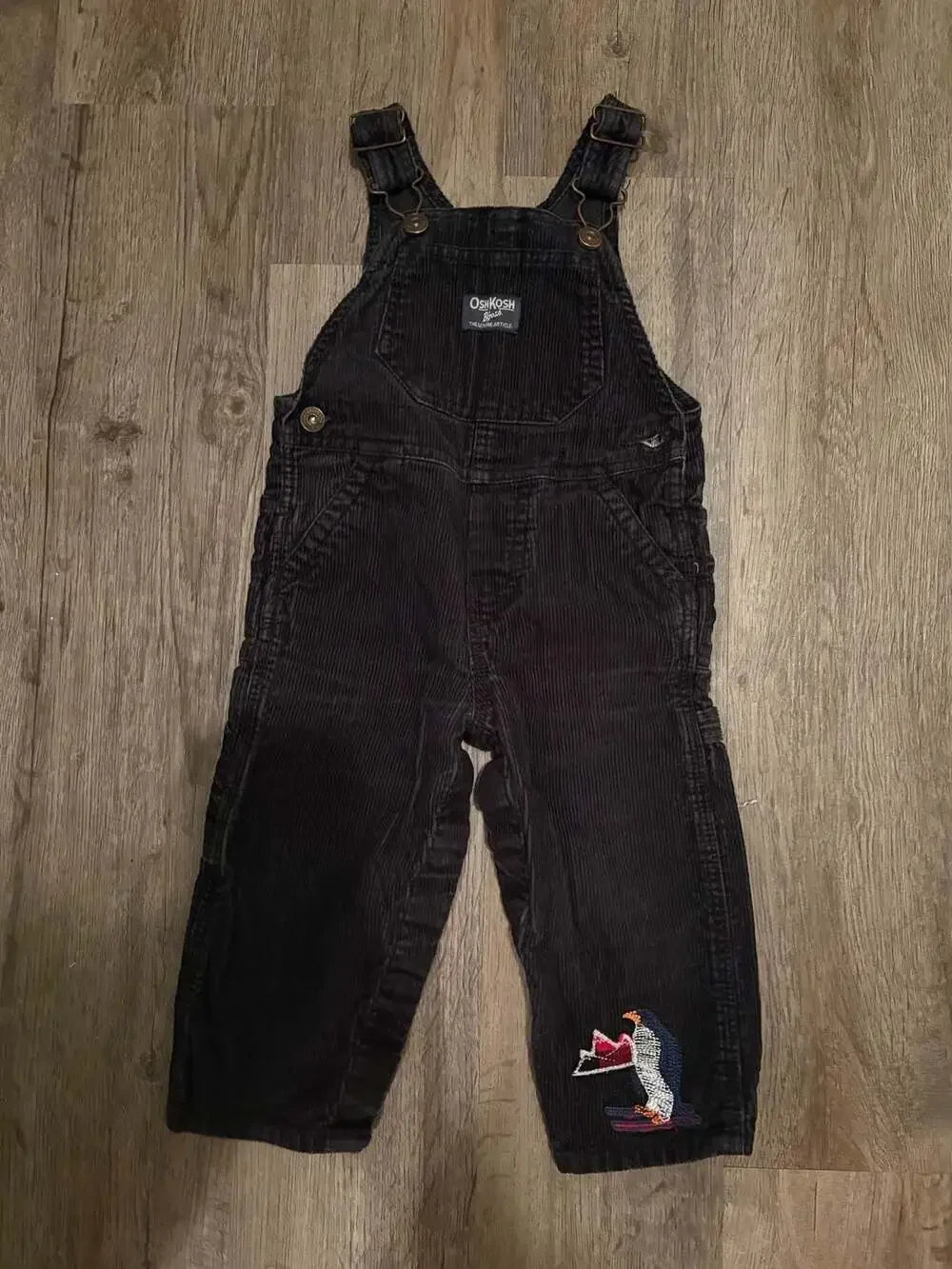 OshKosh B'gosh 18 Months Black Corduroy Vestbak Overalls with Penguin Embroidery